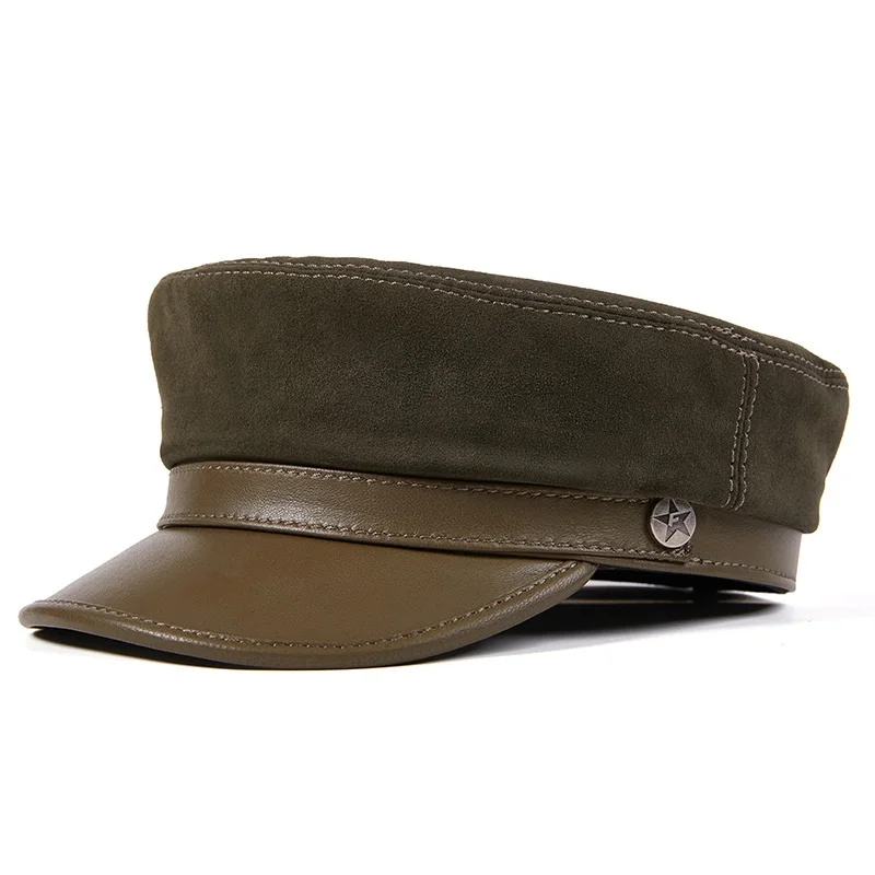 X7019 chapéu de pele de carneiro elegante para jovens estudantes chapéu militar de topo plano chapéu de couro genuíno bonés de pico esporte boné do exército