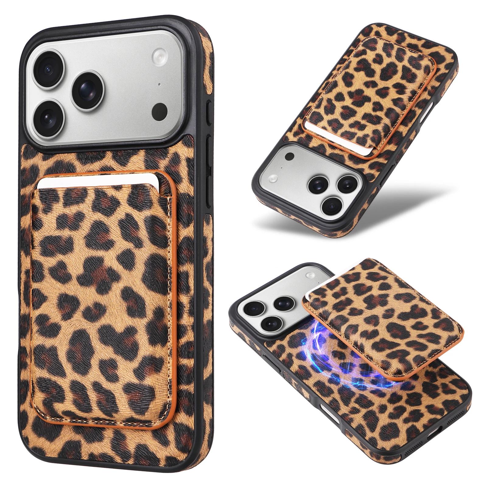 

Magnetic Cards Solt Leopard Print Leather Wallet Case For iPhone 17 Pro Max 16 Plus Comfortable Grip Camera Protection Cover