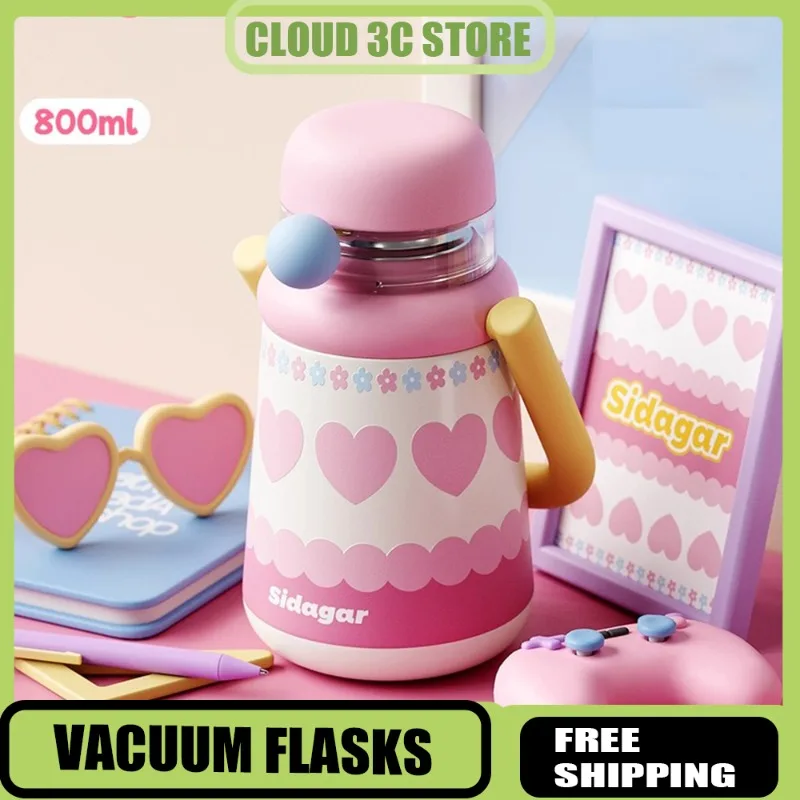 

Sidagar 800 мл изолированная соломенная бутылка, термос большой емкости, термосы, сохраняющая холод и горячую мультяшная чашка для питья с ремешком