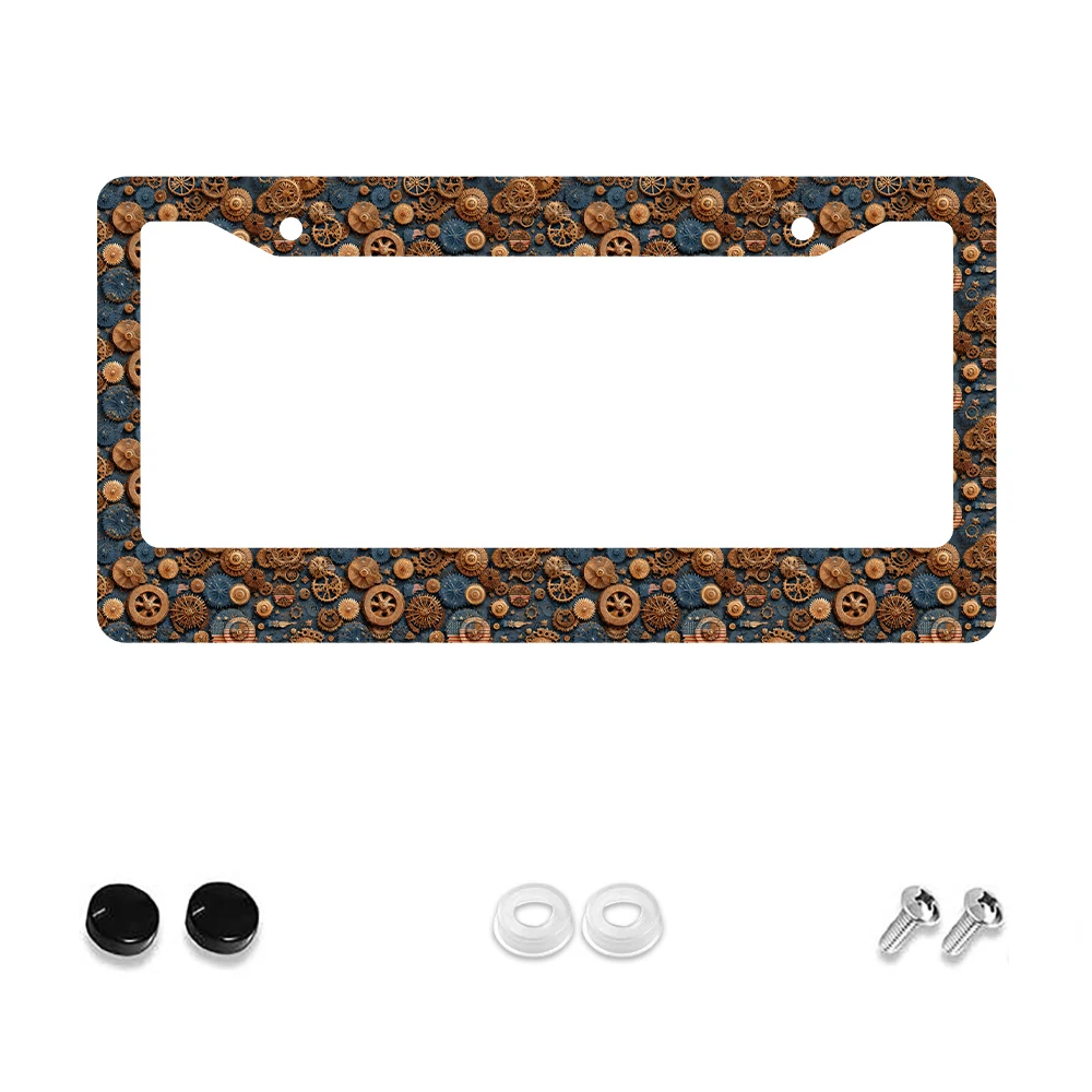 

1pc Retro Brown Gear Pattern 2-Hole License Plate Frame, Aluminum Material, 6x12 Inches, with Screw Kit, Vintage Novelty Car De