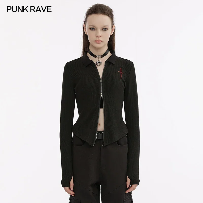 

PUNK RAVE Women's Gothic Pointed Hem Fit Knitted Cross Sword Red Embroidered Jacket Fashion Daily Black Small Coat All Season