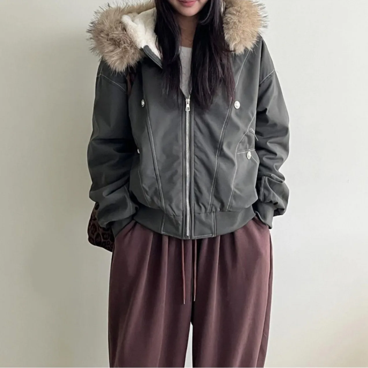 

Women's Chic Winter Cotton Jaet Coat Loose Workwear Faux Fur Collar Warm Top Long Sve Regular Length Commute Sle