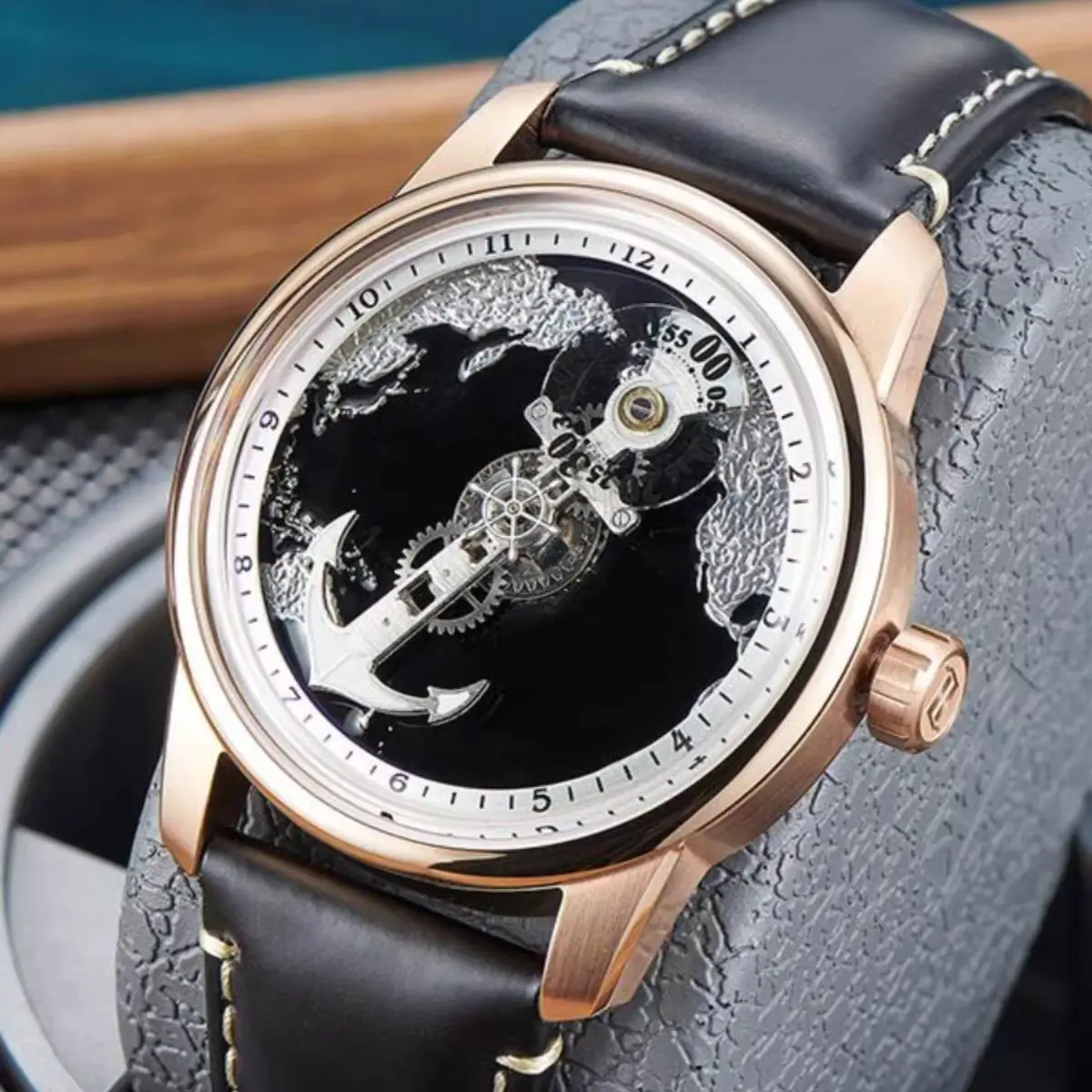 OBLVLO Men Automatic Watch 42MM Mechanical Wristwatch 50M Waterproof Sapphire Mirror Navigation Map Dial Rotatable Hand