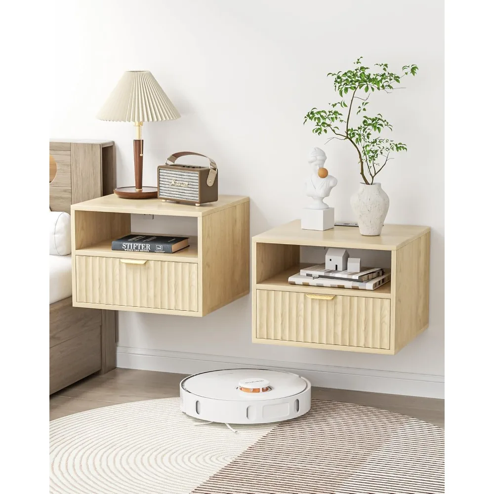 

Floating Nightstand Set of 2 - Fluted Night Stand with Charging Station Wood Wall Mounted Nightstand with Drawer & Open Shelf, M