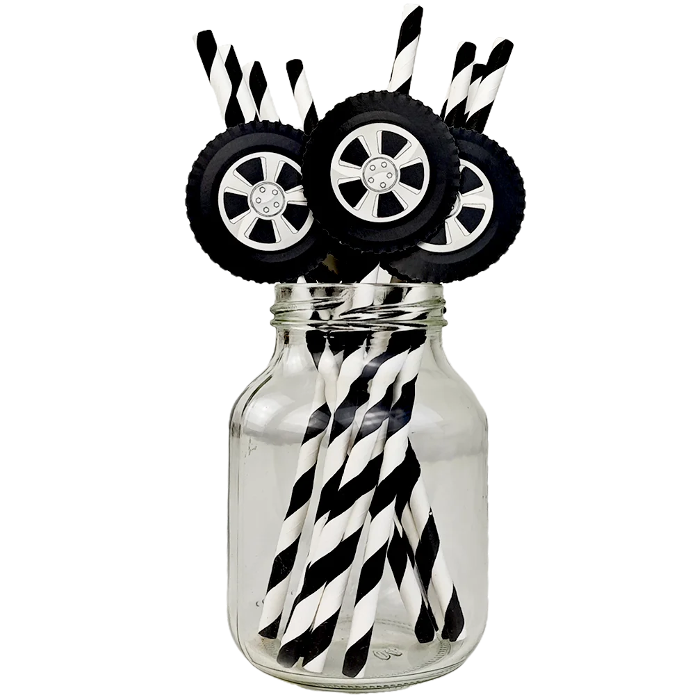 20/40/80pcs Wheel Tire Paper Straw Racing Wheel Drinking Straws Tyre Disposable Straw Baby Shower Racing Birthday Party Decors