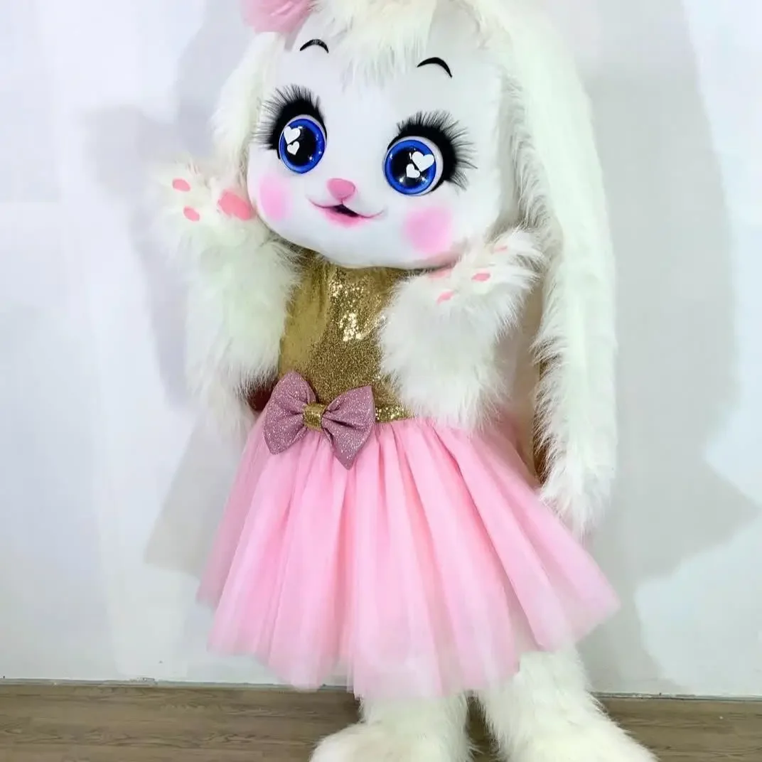 ชุดมาสคอตกระต่ายขาวพร้อมชุดเดรสหูยาว ตุ๊กตากระต่ายเดินได้ ชุดแฟนซีสำหรับฮาโลวีนและคริสต์มาส