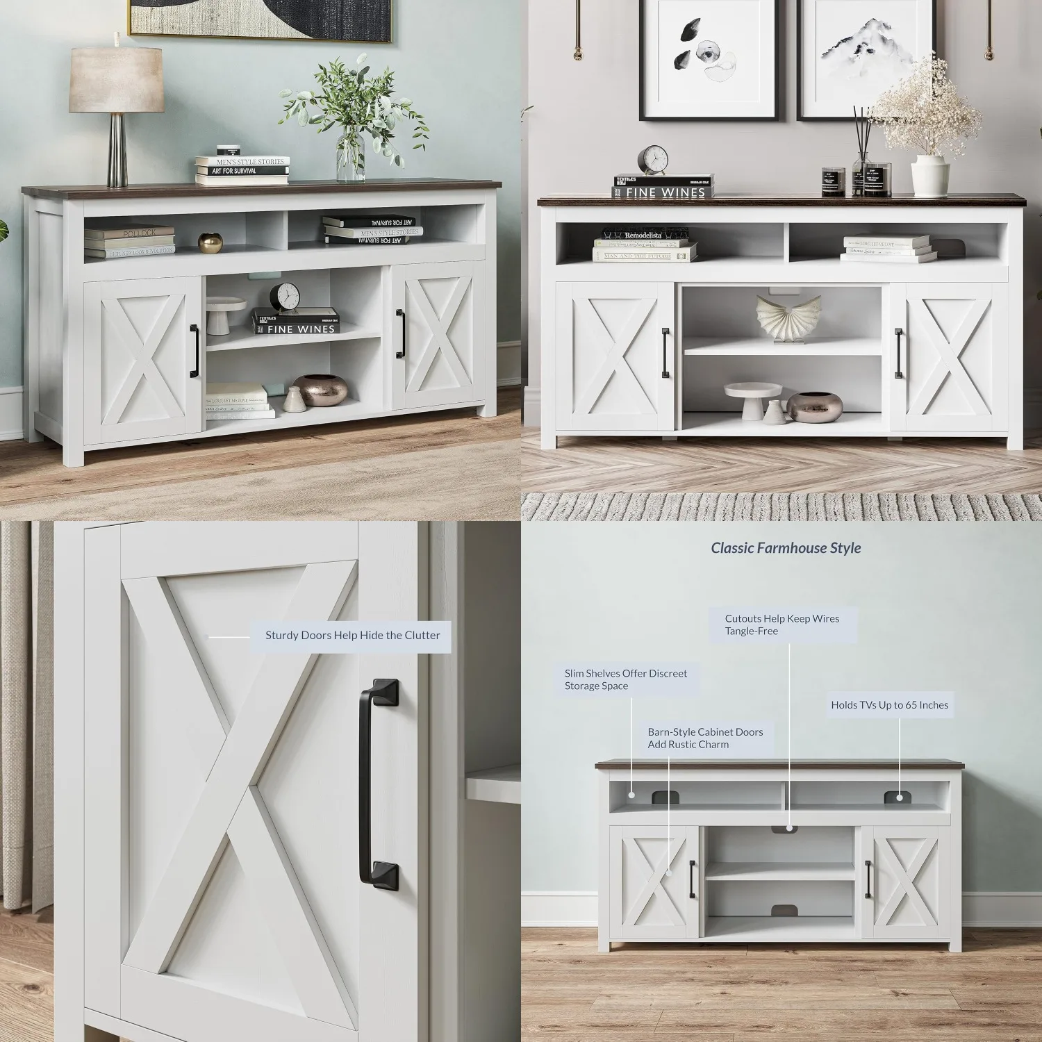 

58" TV Stand Entertainment Center Media Console Barn Door Shelves Living Room White, Customized