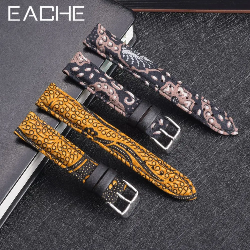 EACHE Tweed Watch Straps Wool Cloth Herringbone Pattern Watchband Genuine Leather Band 18mm 20mm 22mm