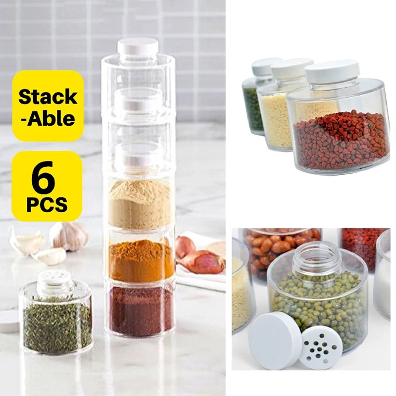6Pcs/Set Plastic Spice Jar Pepper Shaker 7.5cm Transparent Stackable Seasoning Container Kitchen Rack Condiment Storage Box
