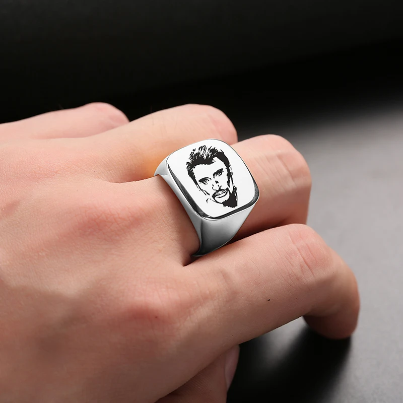 Johnny Hallyday Photo Punk Rock Wide Rings For Men Woman Fashion Jewelry Silver Color Stainless Steel Hip Hop Males Finger Ring