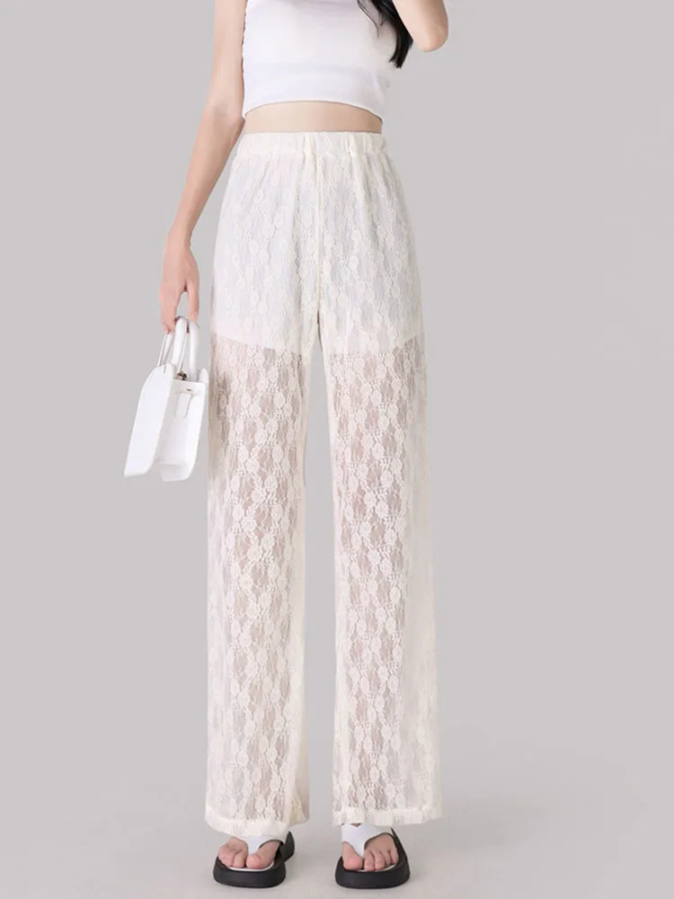 

Women's 2024 High Waist Fashion Temperament Long Pants Casual Hollow Out Lace Flare Lady Trousers summer