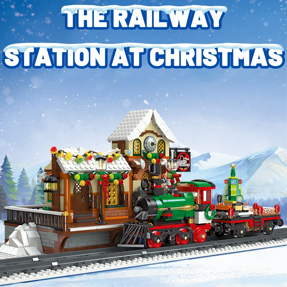 

Christmas Railway Station Particles Building Blocks Collectible Winter Train Model Assembly Toy Room Decor Holiday Gift For Kids