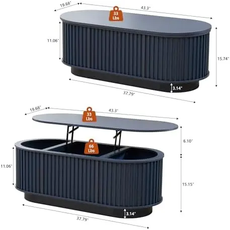 43.3''Lift Top Coffee Table with Storage, Oval Center Table with Hidden Compartment, Mid Century Modern Coffee Tables