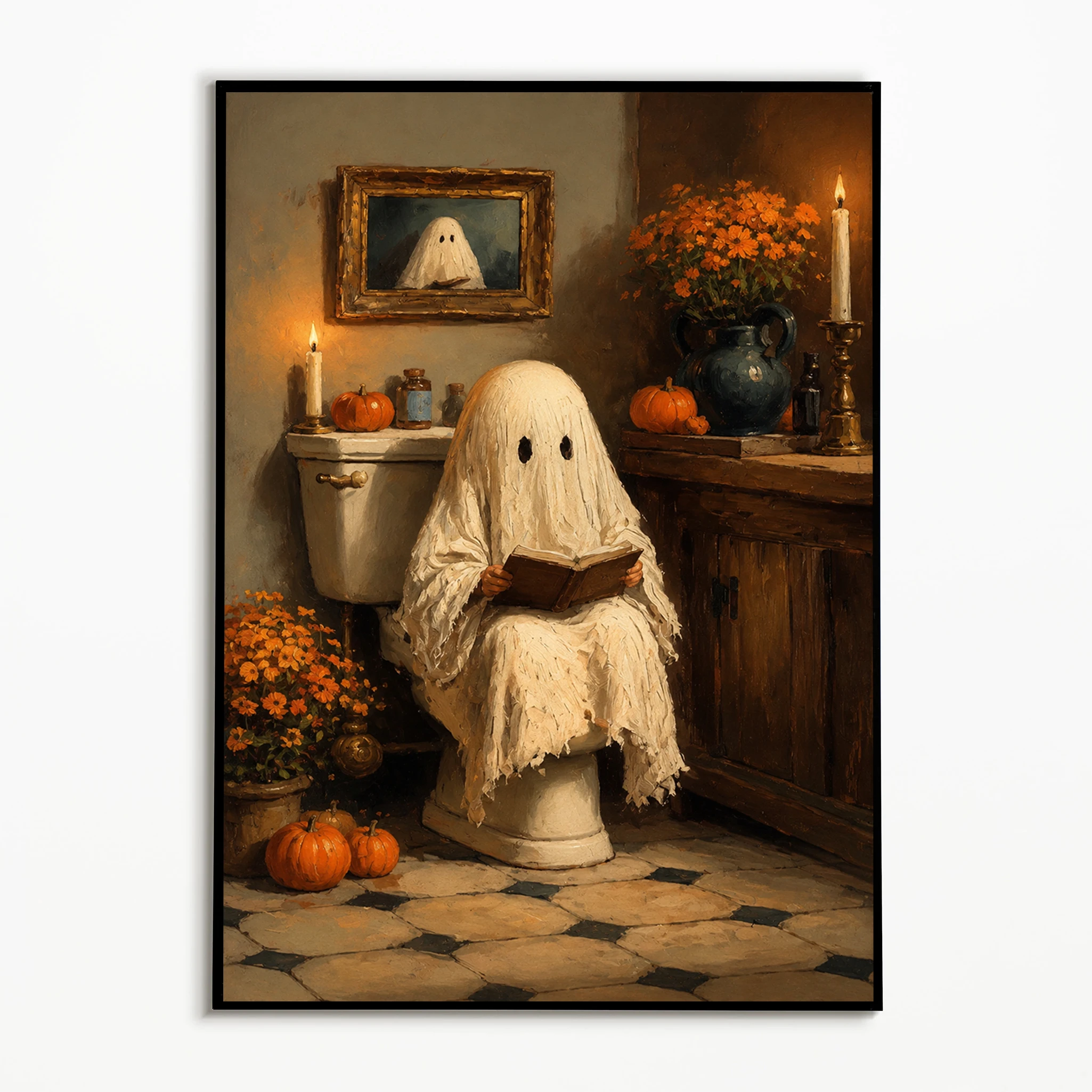 1PC Vintage Ghost Reading Newspaper on Toilet Poster Black Cat Pumpkin Wall Art  Autumn Halloween Canvas Printing  Fall Gift