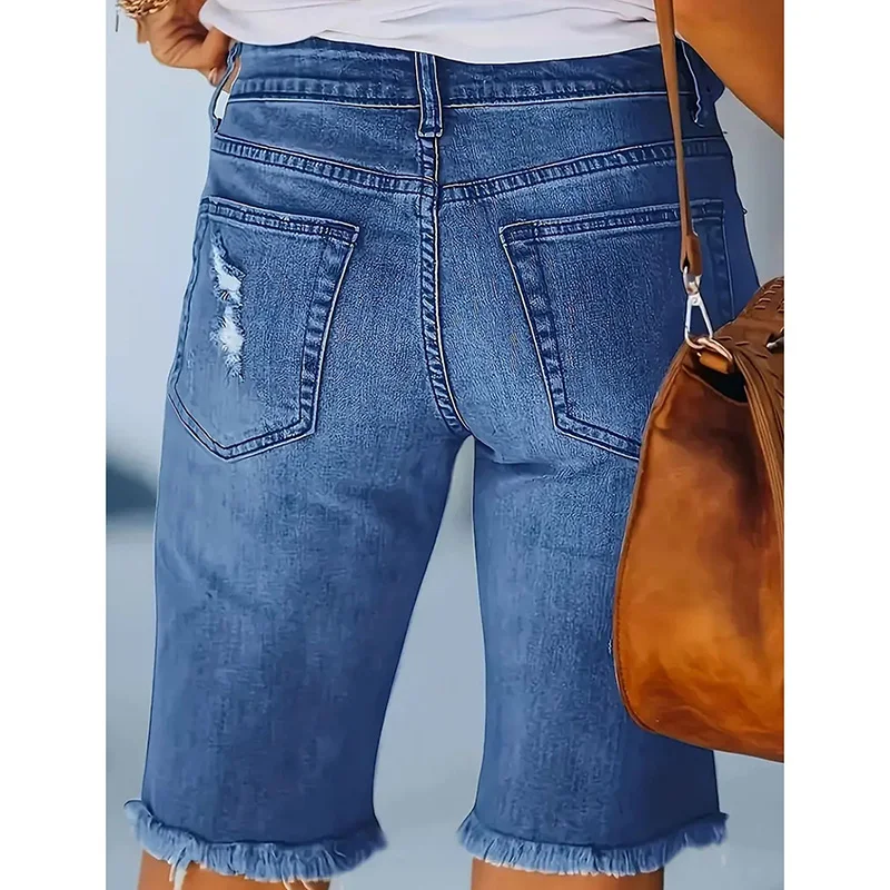 여성용 스키니 얇은 찢어진 반바지 여성 시크 패션 하이웨이스트 반바지 여성 캐주얼 스트레이트 레그 데님 반바지