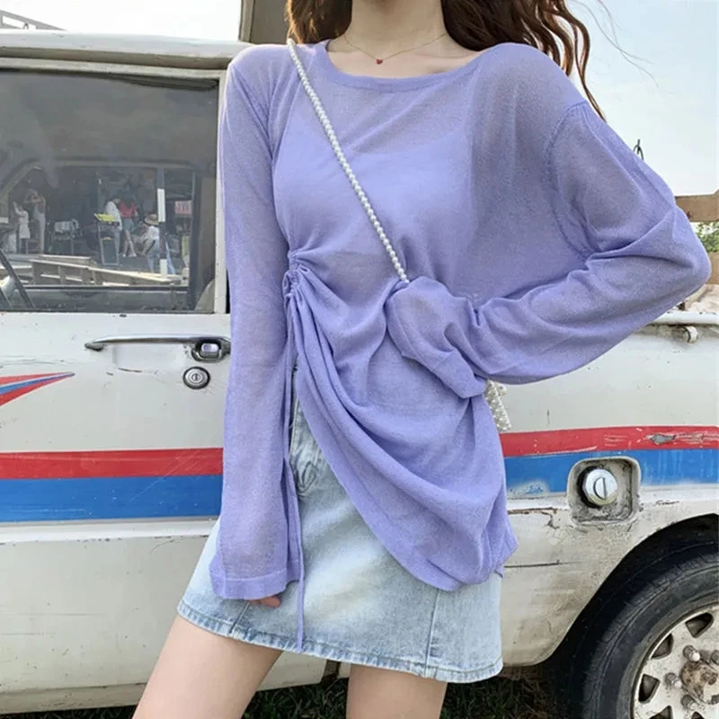 Women Ice Silk Sunscreen T Shirts Korean Shirring Lace Up Loose Top Y2K Summer Sexy Slightly Transparent Female Tees New