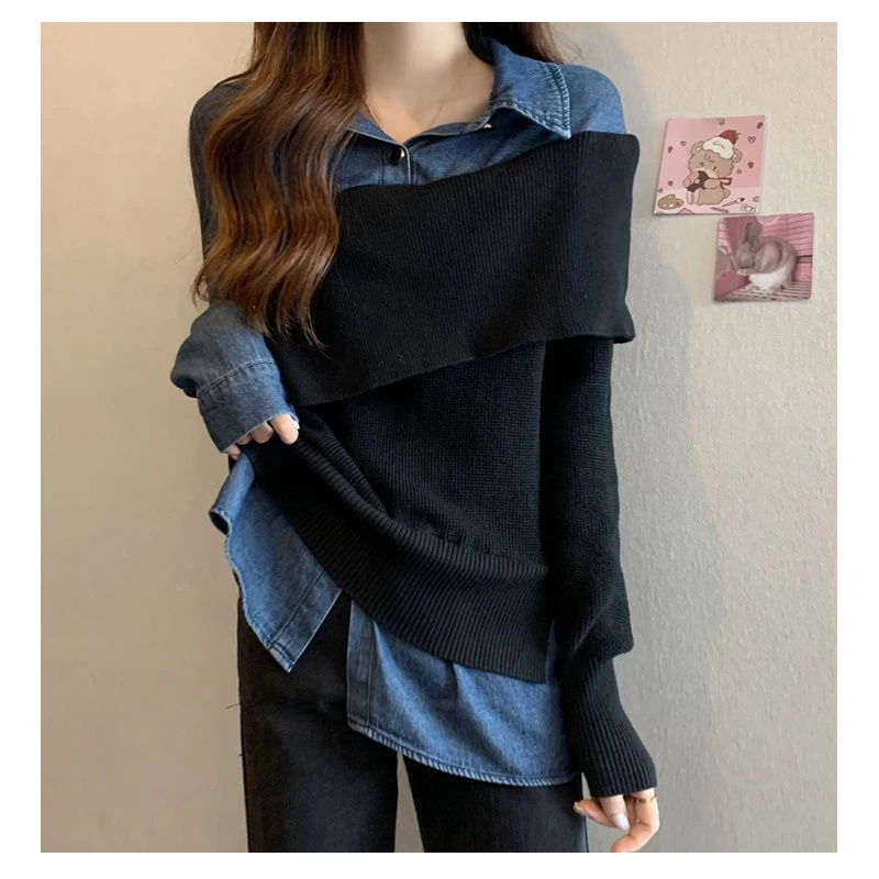 Cowboy Knitted Fashion Set for Women's Spring  Autumn 2023 New Black Vest Sweater Tank Top Cowboy Two Piece Set