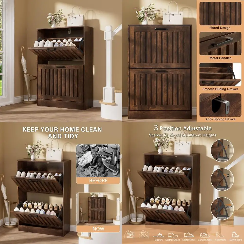 

Wooden Entryway Shoe Storage Cabinet with 2 Adjustable Drawers and Fluted Pan Design
