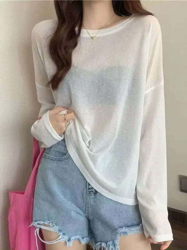 T-shirt a maniche lunghe sottile primavera/estate da donna con protezione solare in seta di ghiaccio grande 2025 Camicia con copertura esterna comfort Top ampio stile pigro