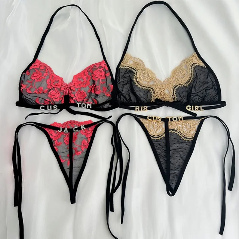 Personality Custom Name Crystal Letter Women's lingerie Set Lace Underwear+Panties G-String Bra Set Sexy Body Jewelry Wife Gift