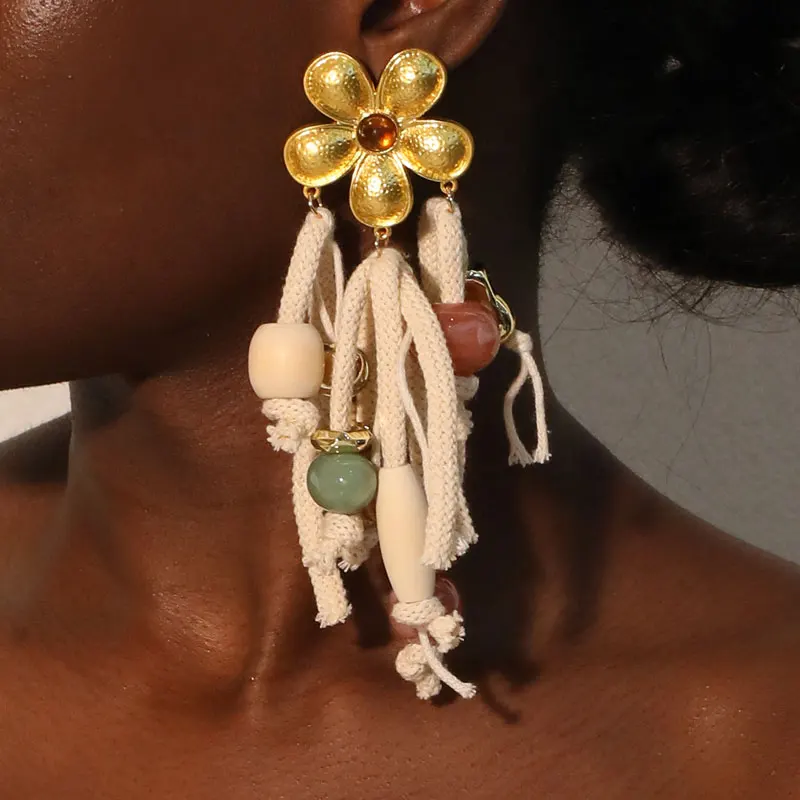Boho Flower&Ropes Dangle Earrings Exaggerated Earrings Handmade For Women Wedding Party Jewelry