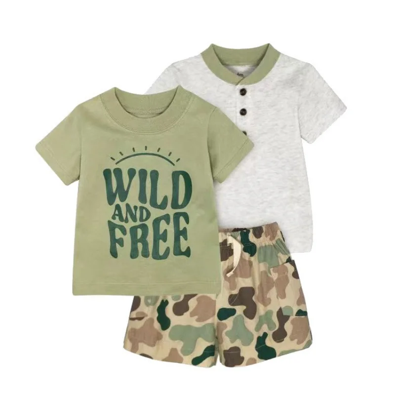 3Pcs Fashion Newborn Baby Boy Clothes Set Cute Cartoon Print Cotton Short Sleeved+Shorts+Jumpsit Infant Soft Toddler Clothing