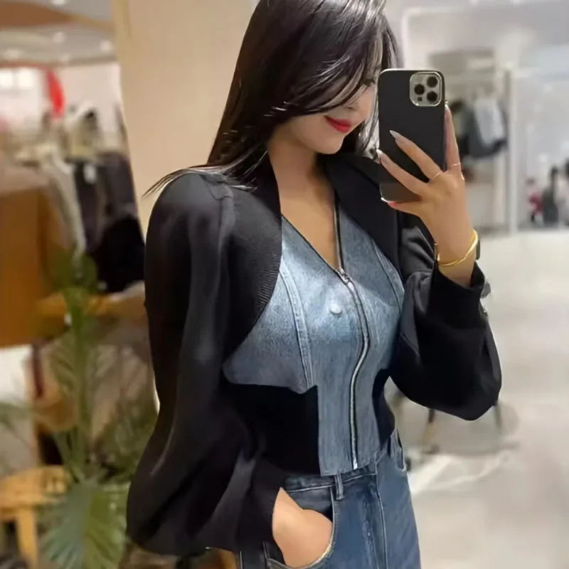 Korean Fashion Cotton Denim Patchwork Tops For Women Vintage Elegant Slim Zipper Coat Creative Design Chic Jacket Spring Autumn