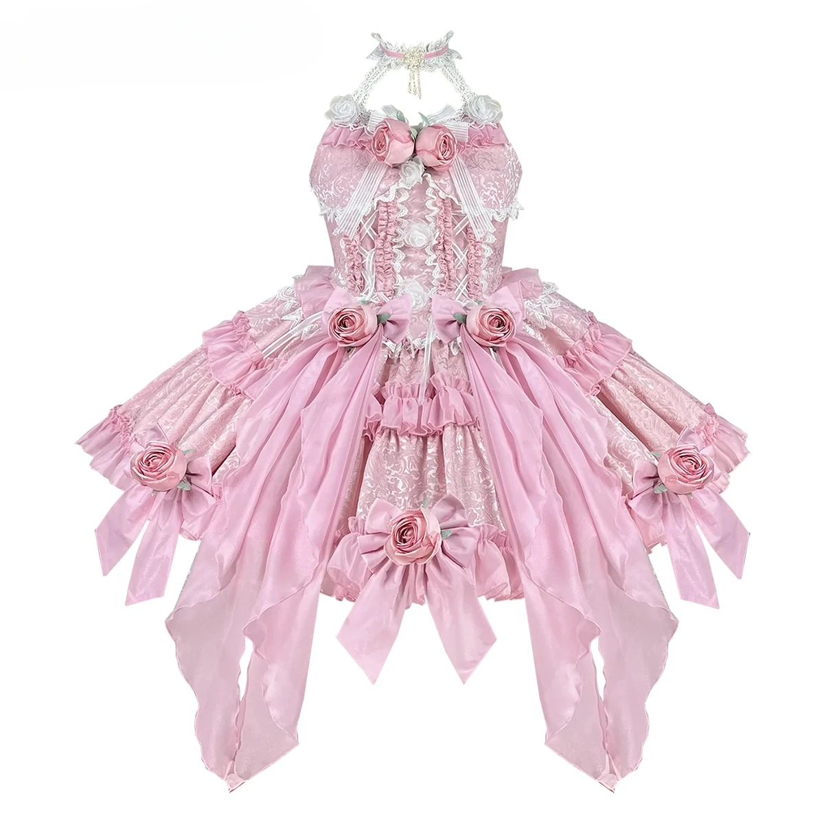 

Sweet Girl Fairy Fishbone Lolita Dress Spring Summer Women's Halter Pink Three-Dimensional Flower Princess Party Birthday Dress