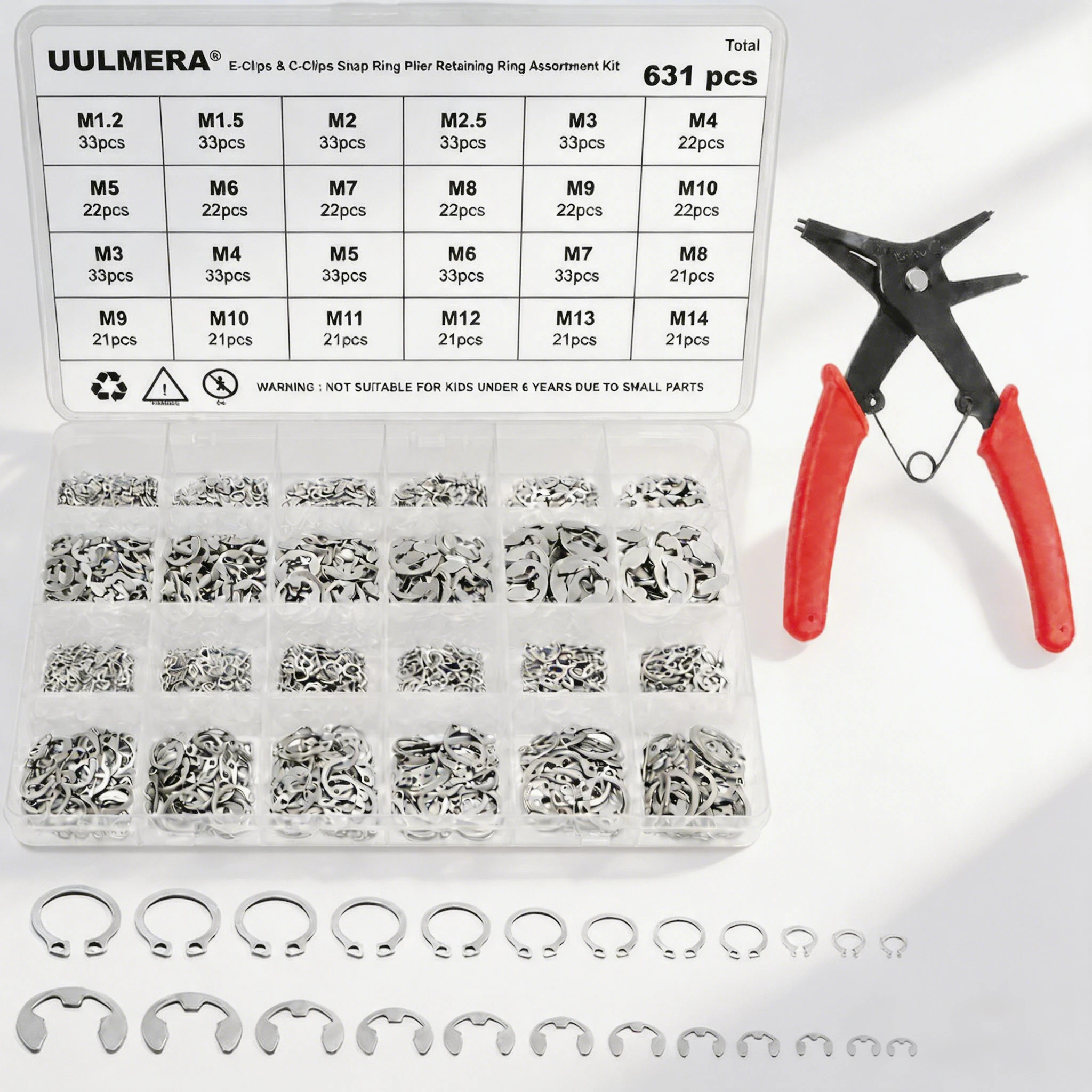631pcs 304 Stainless Steel C Clip and E-Clips Assortment Kit External Retaining Rings Set Metric Snap Ring for Marine Auto