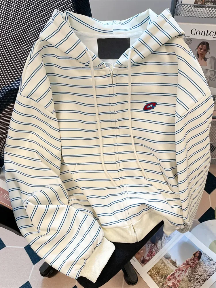 

Oversize Loose Retro Striped Hoodies Women Streetwear American Long Sleeve Y2K Sweatshirts Casual Pockets Embroidery Female Tops