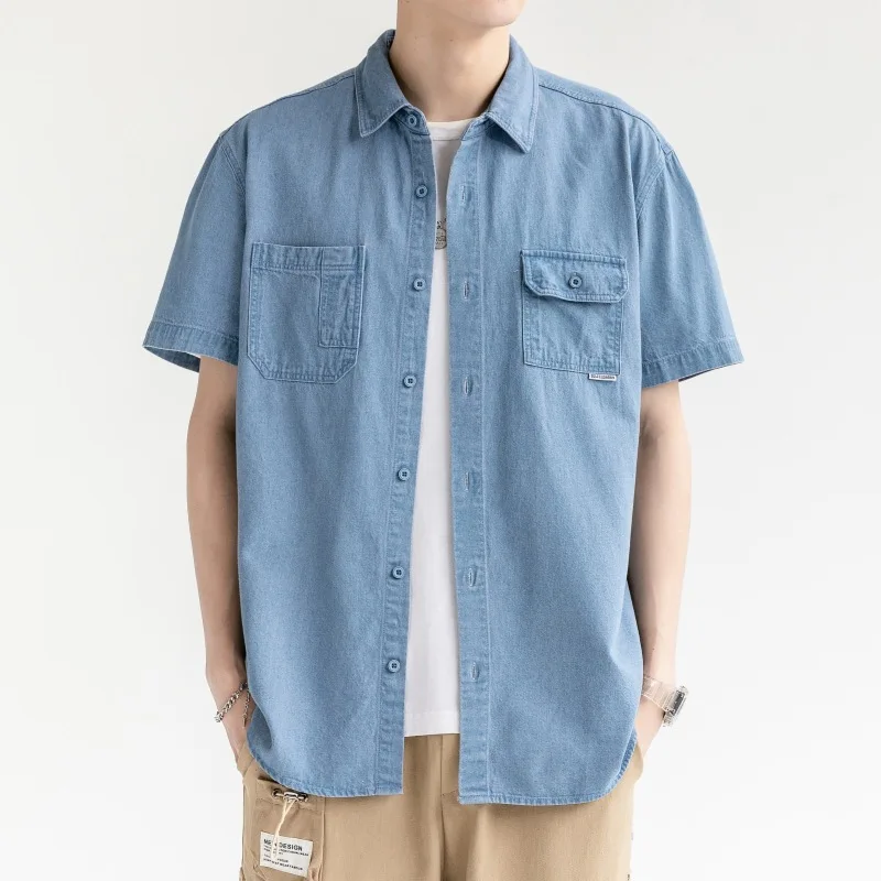 New 2023 Summer Blue Denim Shirt Men Oversized Short Sleeve Jean High Quality Casual Fashion Cotton Light Wear Loose Plus Size