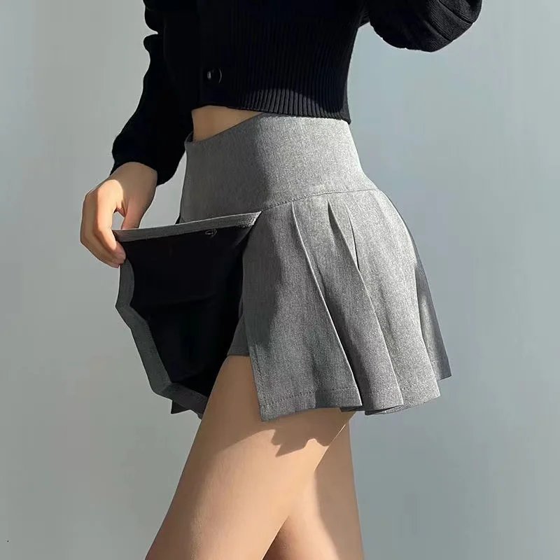 Summer Women's High Waist Side Split Zipper Pleated Skirts Fashion All-Match Anti-Glare Jk Mini Skirts Women Sexy A Line Skirt