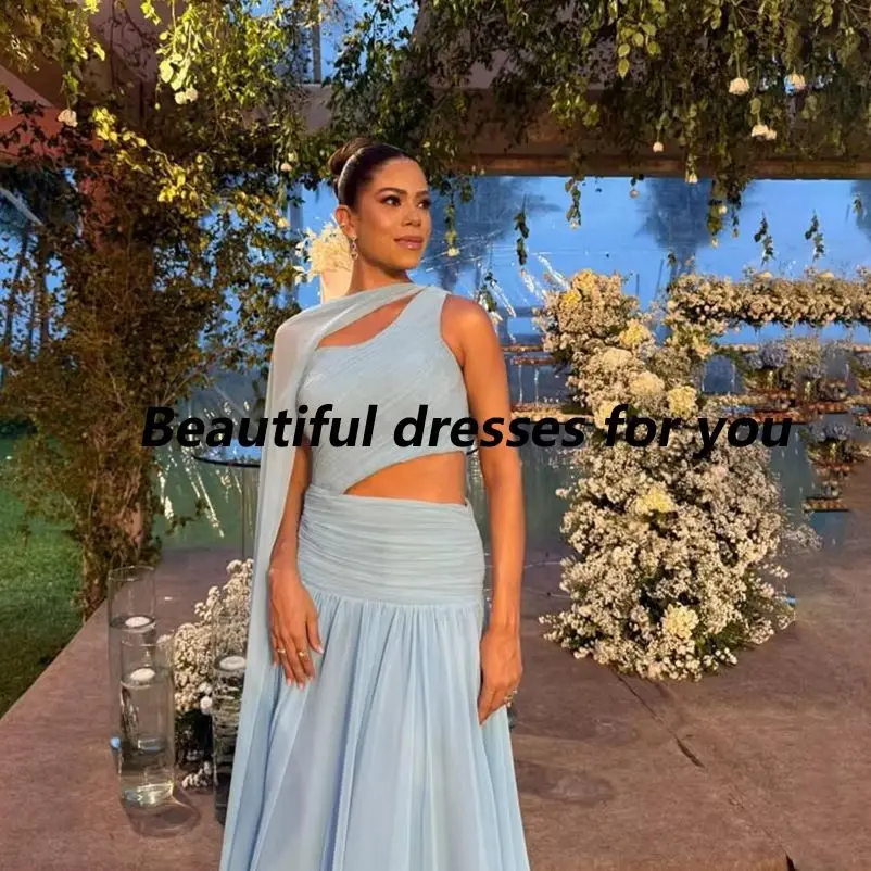 

Elegant Sky Blue Prom Dress Customized One Shoulder Pleat Chiffon A Line Formal Party Dresses Floor Length Evening Gown
