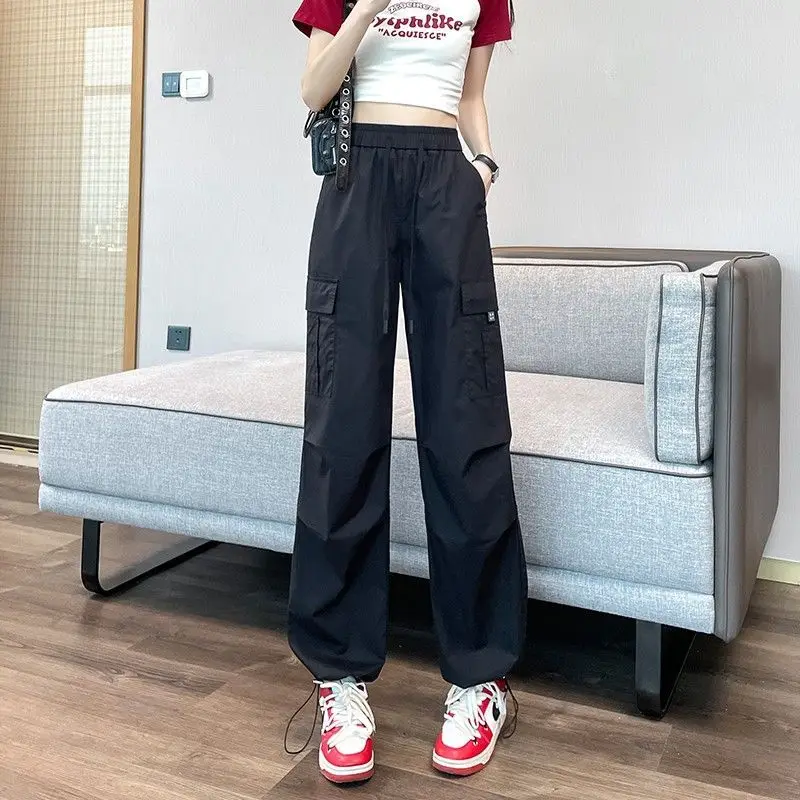 Office Lady Trousers Cargo Straight Women's Clothing Loose Solid Color Elastic Pockets Drawstring High Waisted Casual Pants