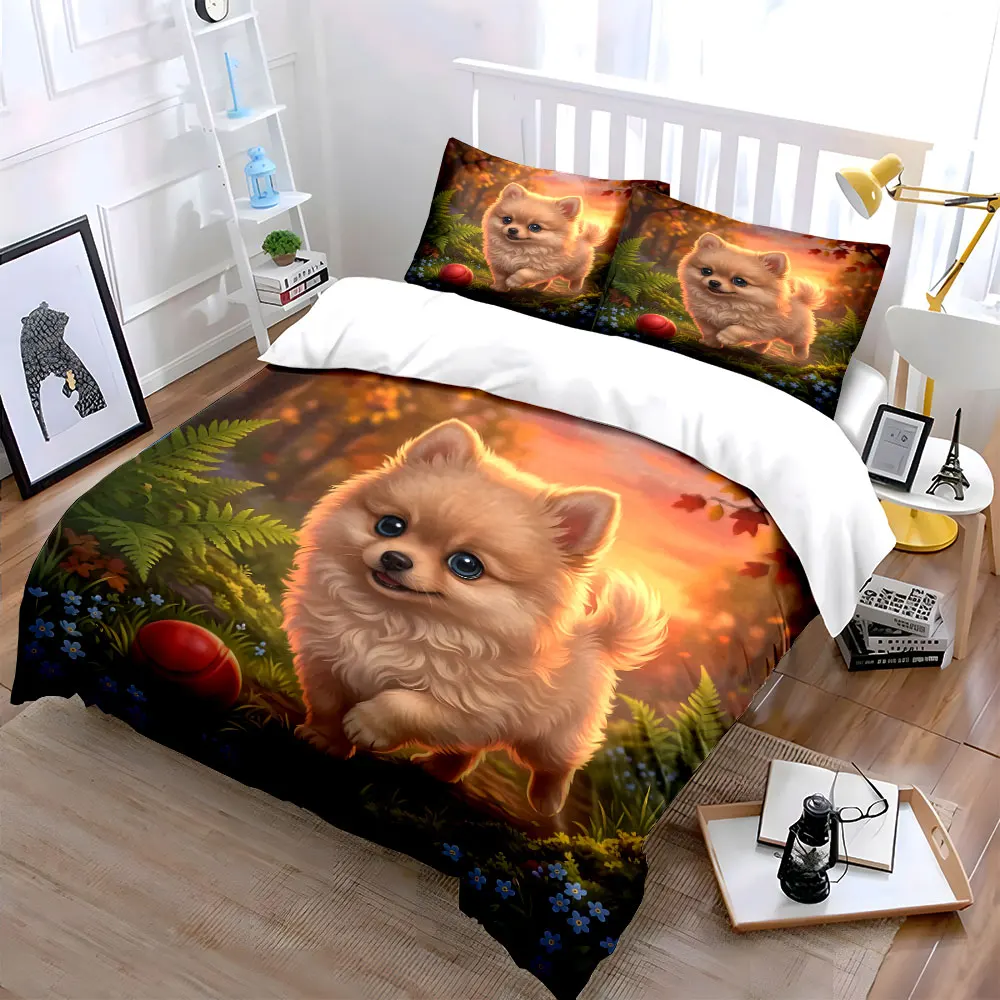 Fluffy dog strolling in forest Bedding Set for Kids Luxury Gift 3pcs Digital Print Comforter Set Soft Comfortable Breathable