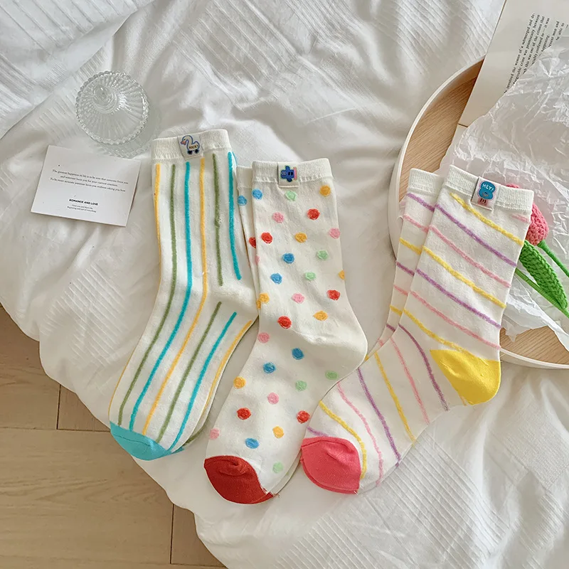 1/3 Pairs New Circus Design Cute Girl Versatile Middle Socks Colorful Dot Stripe Cloth Label Women's Long Tube Stacked Socks