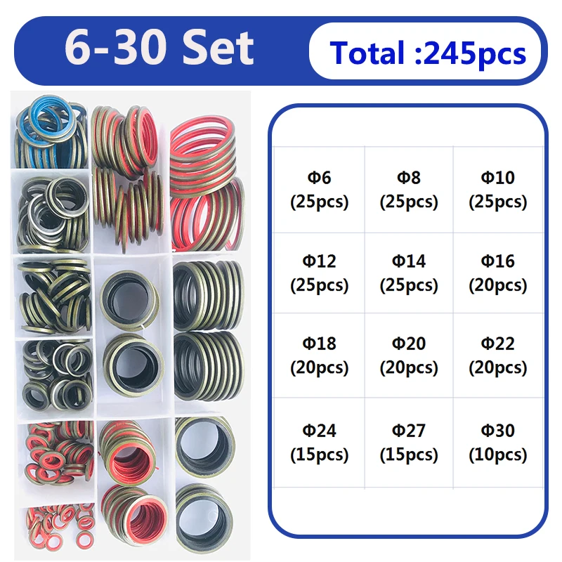 High Press Hydralic Rubber Oil Pip Bonded Washer 100/245pcs NBR Metal Seal Ring Drain Plug Gasket  Fit Combined Sealing Ring Set