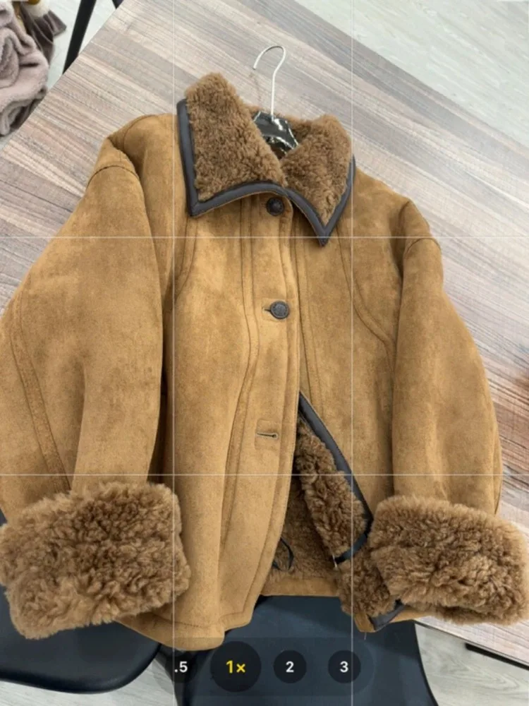 

Lambswool Lapel Neck Short Coat Women 2025 Autumn Winter New Thicked Warm Jackets Loose Long Sleeve Single Breasted Tops Mujer