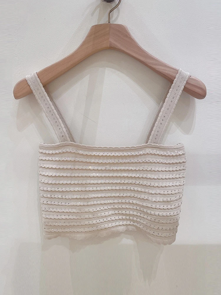 

S Home South Oil High End Women's Spring Small Fraance Sle Bead Knitted Vest Strap Top Faion Commute Regular Fit ort
