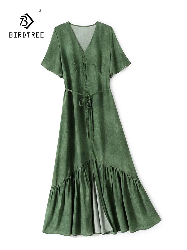 BirdTree-Seiden-Doppelkrepp Elegantes Kleid, Kurzarm mit Print, Damen OL Urlaub Locker A-Linien-Kleider, 2026 Sommer Neu D65030CC