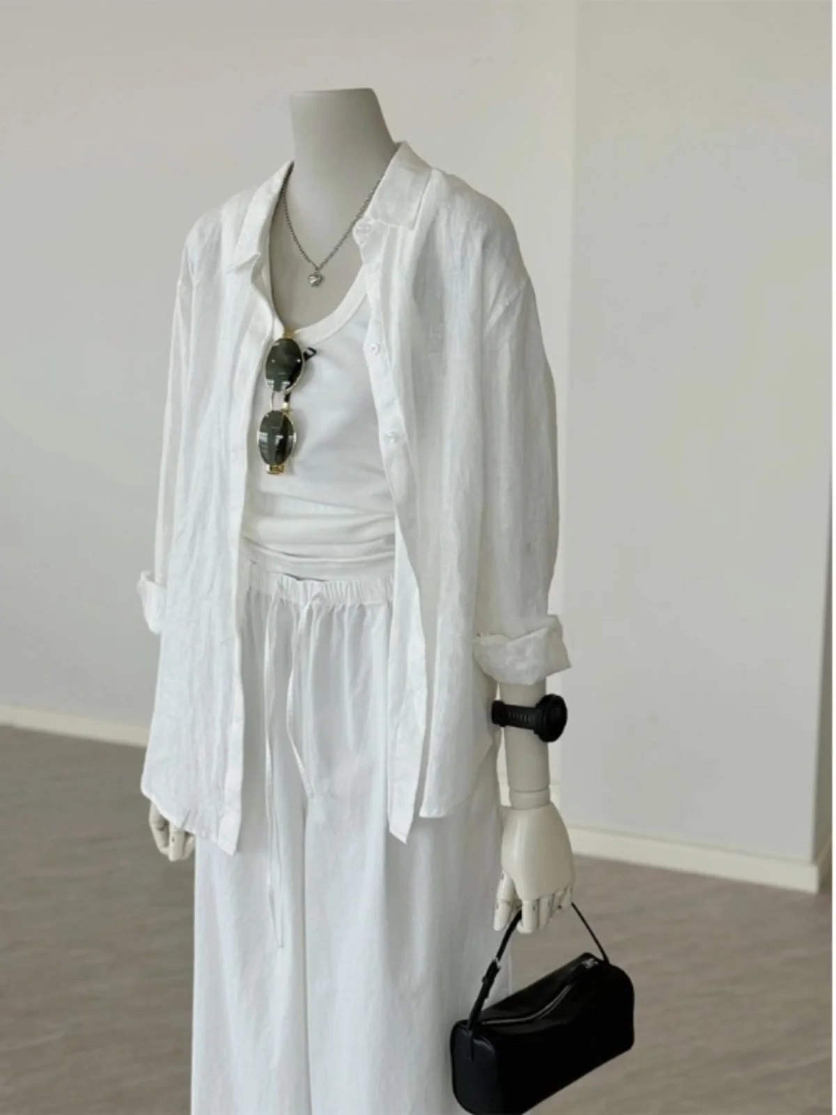 

Recommended CHAO Level! Korean Sle Loose Linen White irt Women's Version Simple Draped Sun Protection Top Commute Sle H...