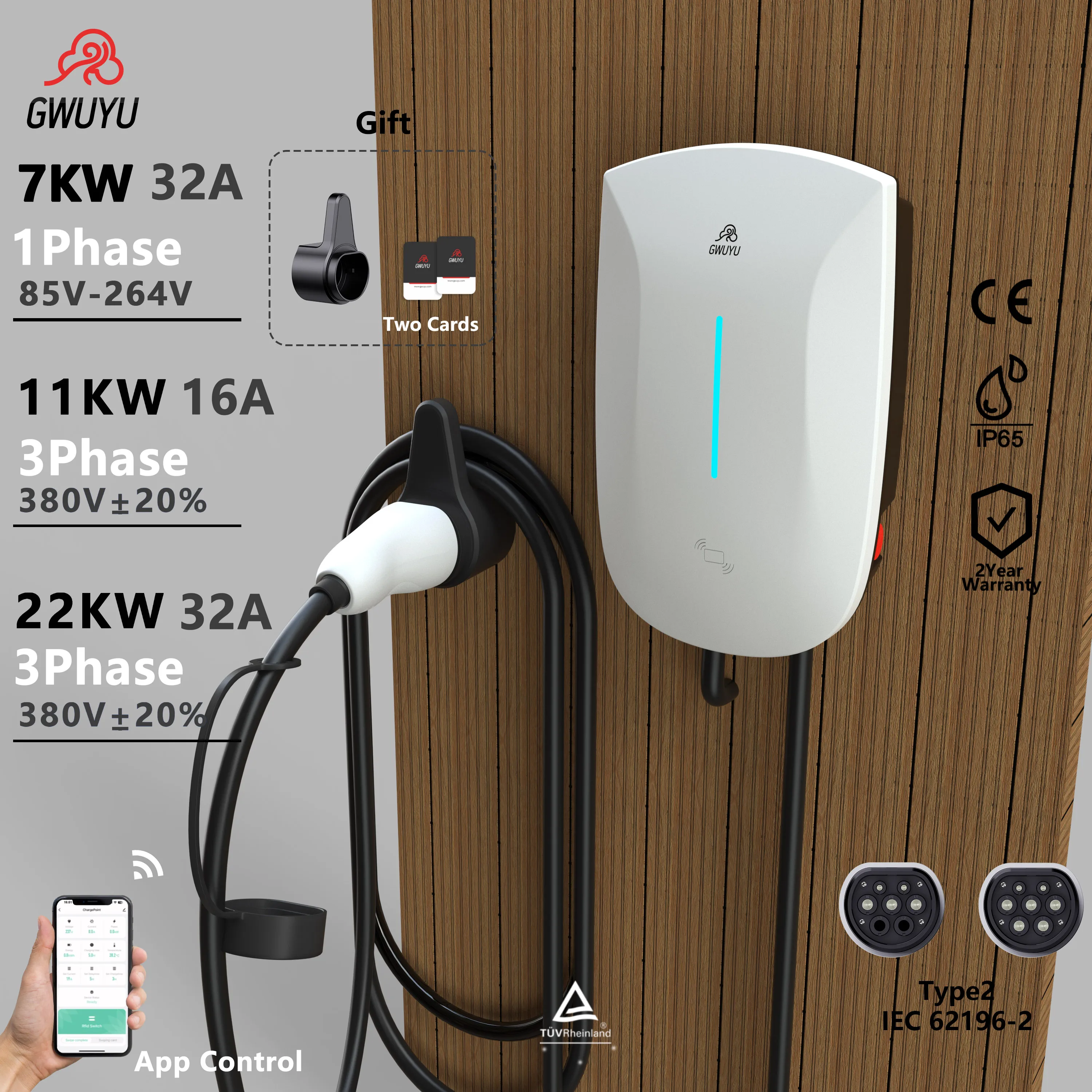 Chargeur mural standard GWUYUEU, étanche IP65, 7KW 11KW 22KW, contrôle par application, compatible intérieur/extérieur, station de recharge pour véhicules électriques