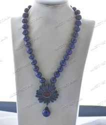 Z12356 19'' 16mm Blue Round Lapis Lazuli necklace Sapphire CZ Flower Pendant