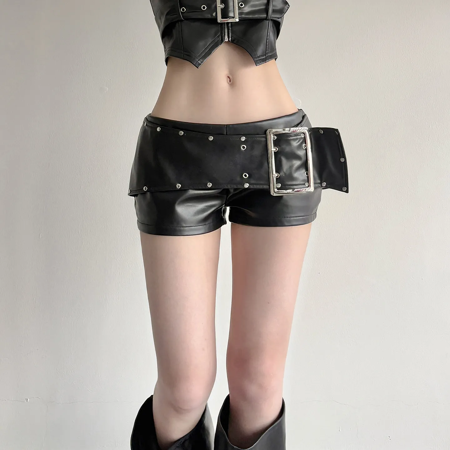 Women Black Gothic Emo Y2K Mini Shorts Sexy Wide Belt Leather Short Pants Low Waist Bodycon Shorts Micro Boot Short Summer 2026