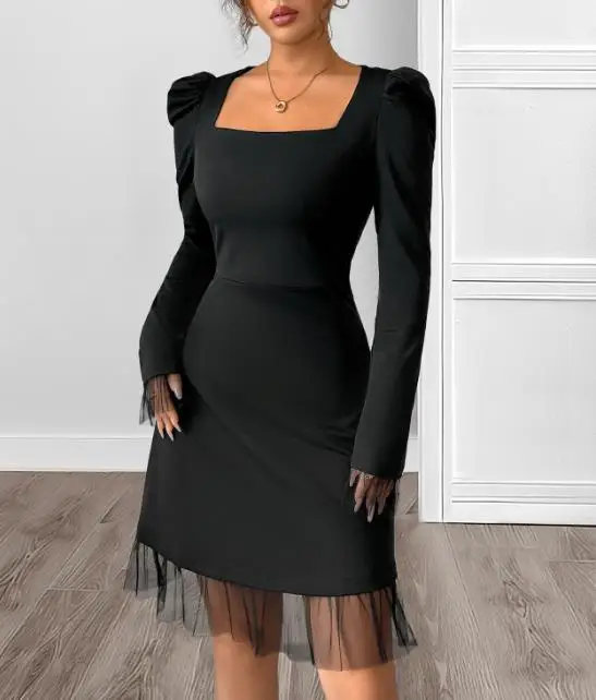 الخريف ساحة الرقبة فقاعة كم مزاجه تنورة قصيرة عالية الخصر شبكة الربط ألف خط اللباس #5