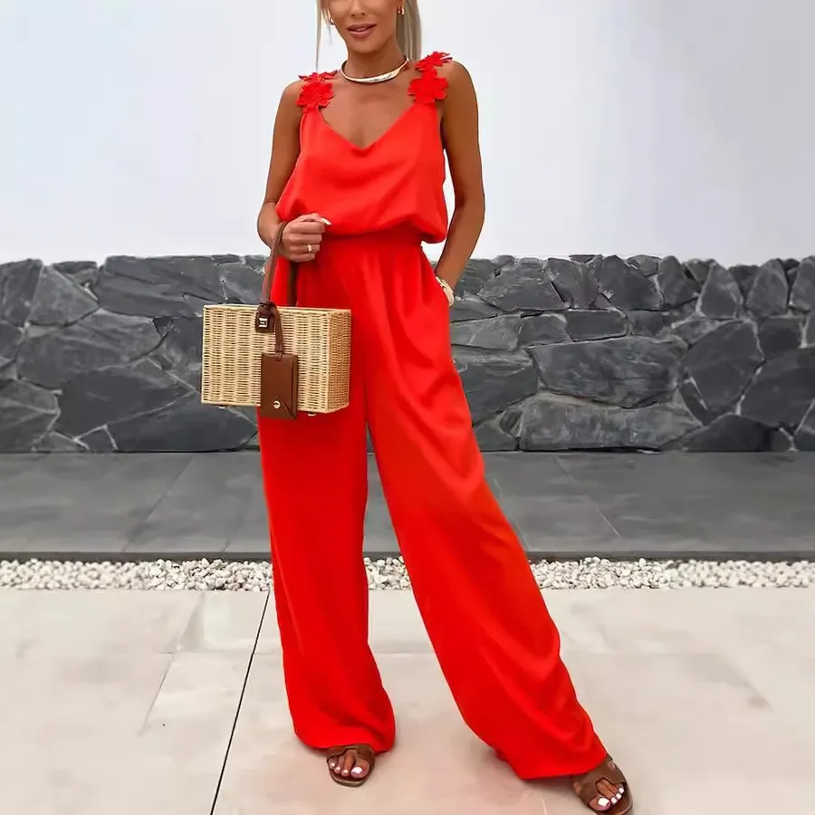 

Summer Sexy Flower Decoration Suspender Jumpsuit For Women'S Fashion Elastic Waist Sleeveless Elegant Vacation Jumpsuit Pants