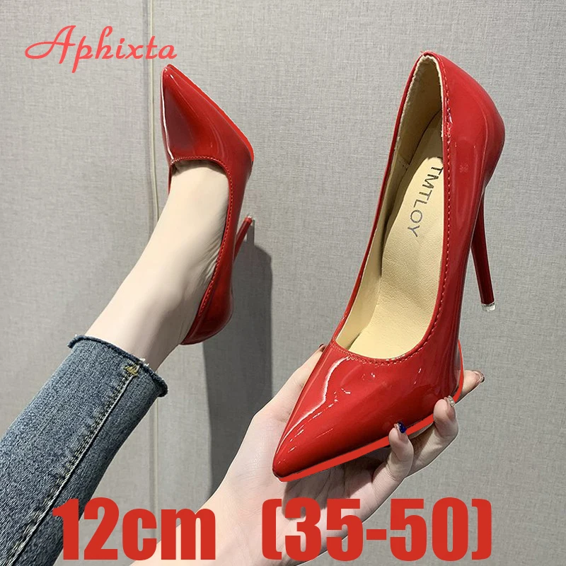 Aphixta 12cm Super High Thin Heels Pumps Women Shoes Pointed Toe Patent Leather Wedding Dress Office Femme Super Big Size 49 50