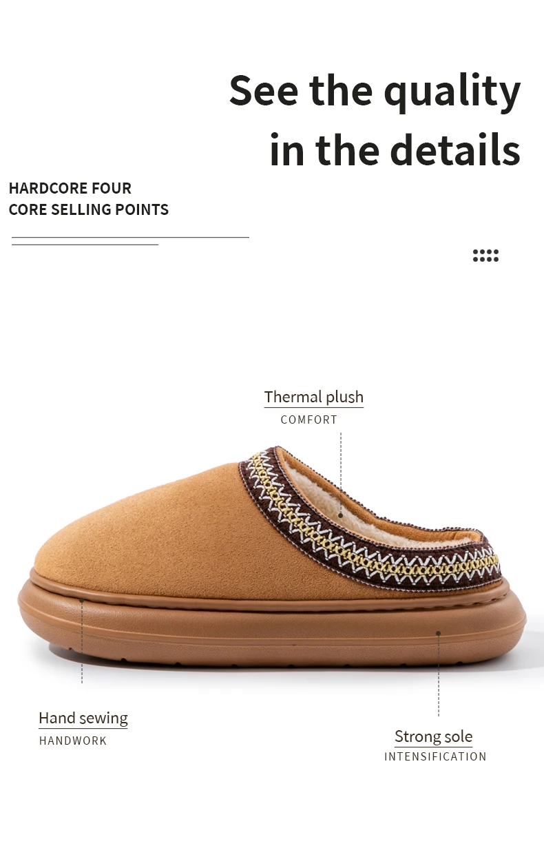 Gemütliche Baumwoll-Hausschuhe im Vintage-Stil für Paare, rutschfeste dicke Sohle, atmungsaktive Indoor-Hausschuhe für den Winter, warme Hausschuhe. – Detail 4