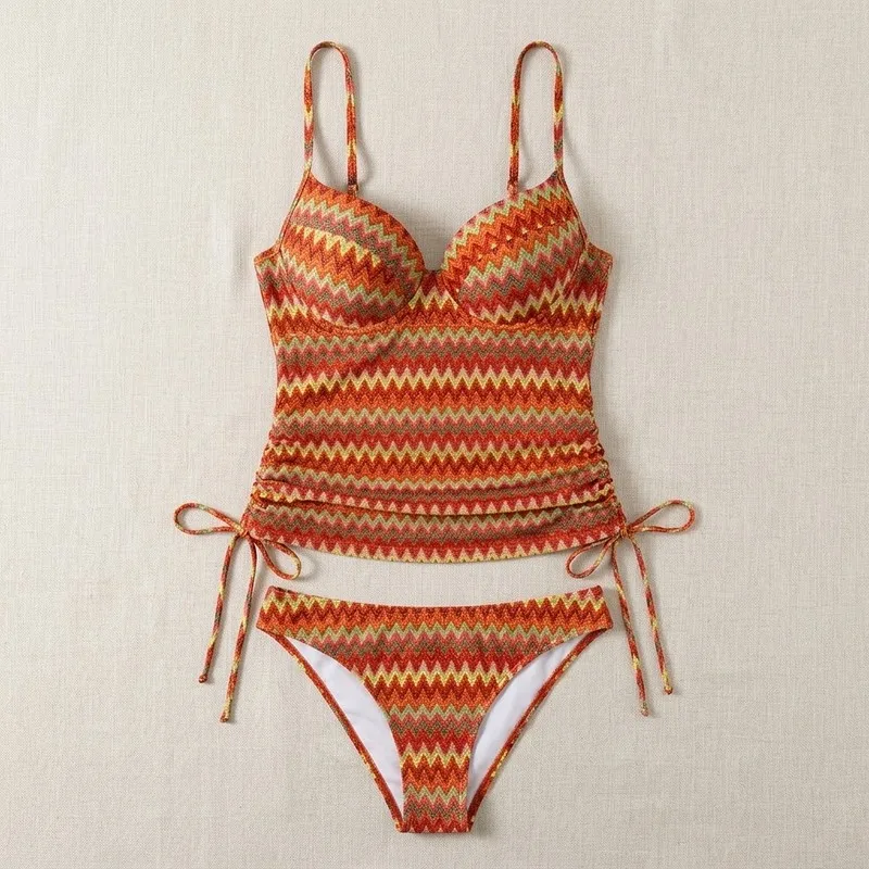 JEWELRY SEN Women 2‑Piece Tankini Swimsuit Bohemian Chevron Print Spaghetti Strap Drawstring Long Top High‑Cut Bottom suit