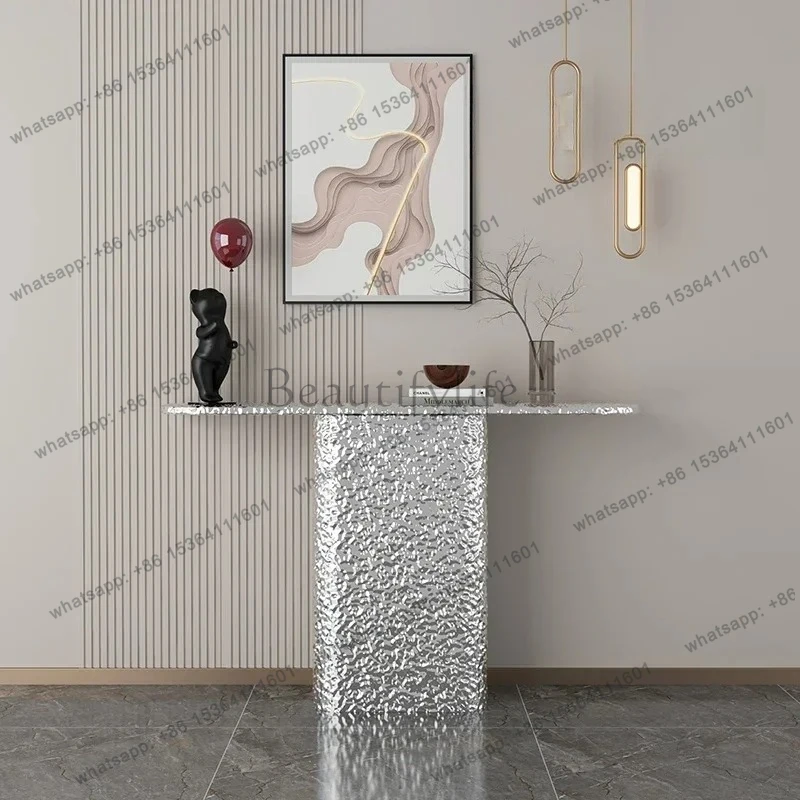 

Entry high-end entrance table against the wall stainless steel water ripple semi-round light luxury entrance table